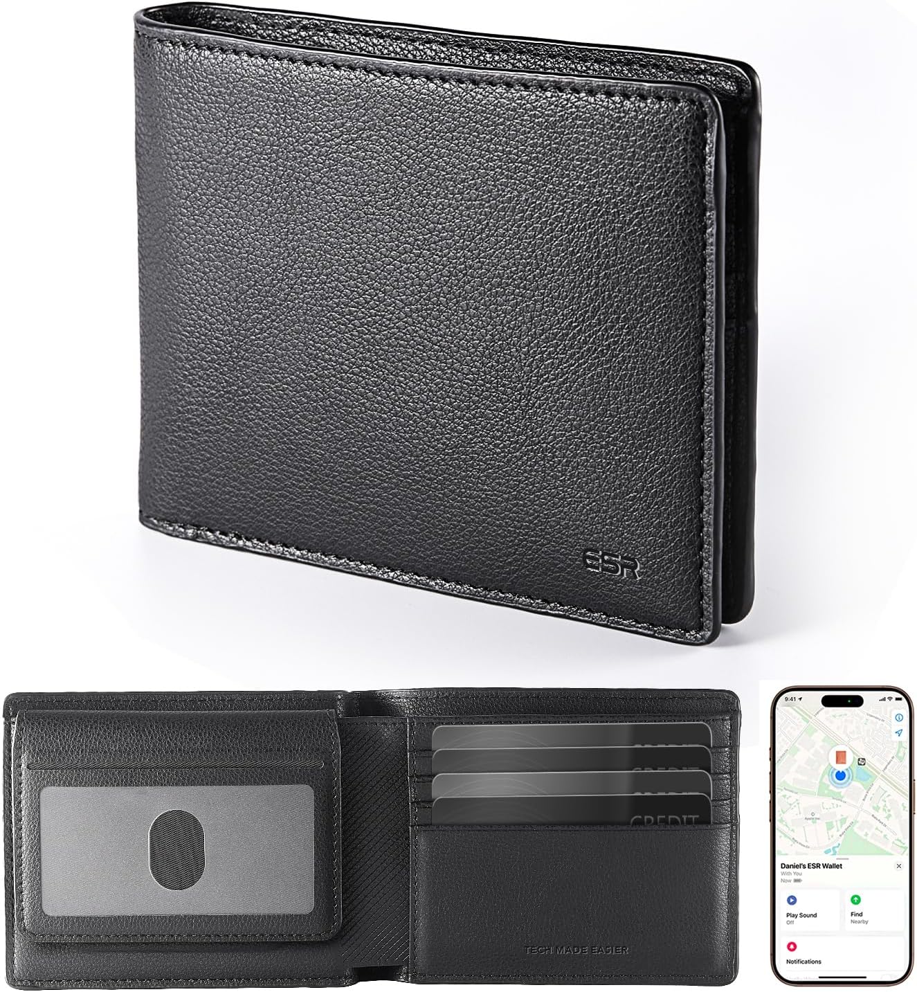 ESR Geo Wallet with Find My, RFID Blocking, Wallet for Men, Wallet Tracker(iOS 14.5 Above Only), Holds 9 Cards and 15 Bills, Replacement for AirTag Wallet, Slim Bifold Card Holder, Twillingt Black