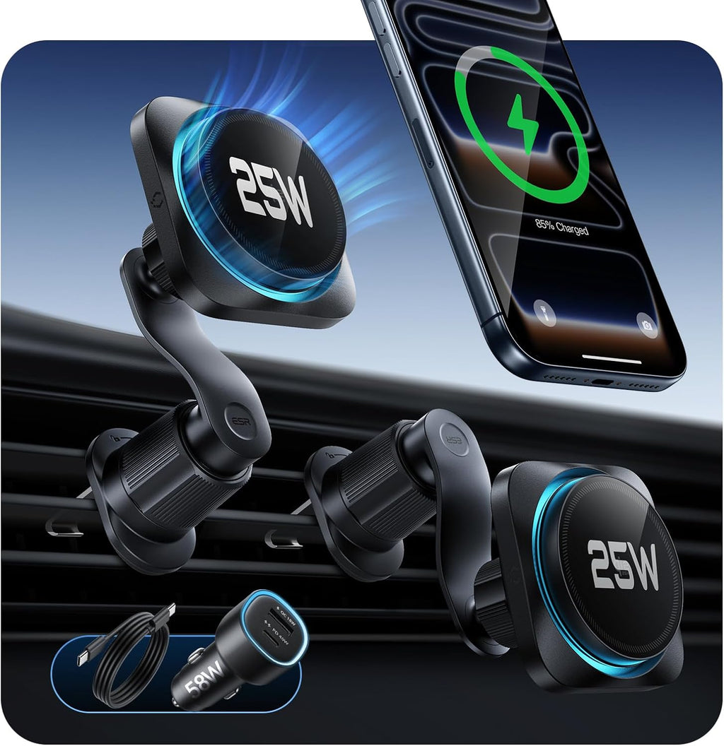 ESR OmniLock Qi2.2 Certified 25W MagSafe Car Mount Charger with CryoBoost, Phone Cooling MagSafe Car Charger, 360° Rotatable, Air Vent Magnetic Car Phone Holder for iPhone 17/16 with iOS 26, Black