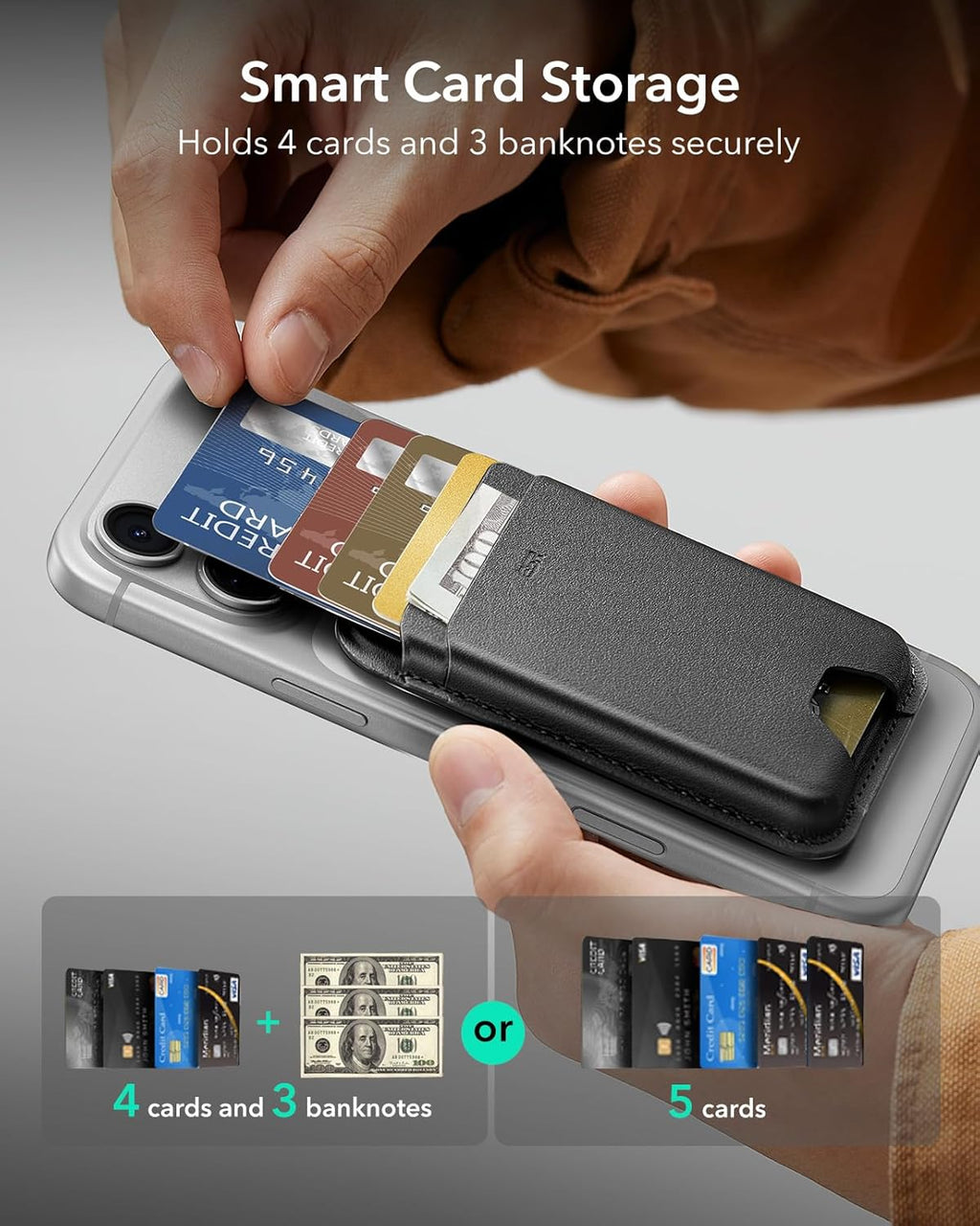 ESR for MagSafe Wallet, 5-Card Holder With RFID Blocking, MagSafe Sticker Included, Slim Magnetic Wallet for iPhone 17/16/15/14/13/12 Series and Selected Samsung Devices, Not for 13/12 Mini, Black