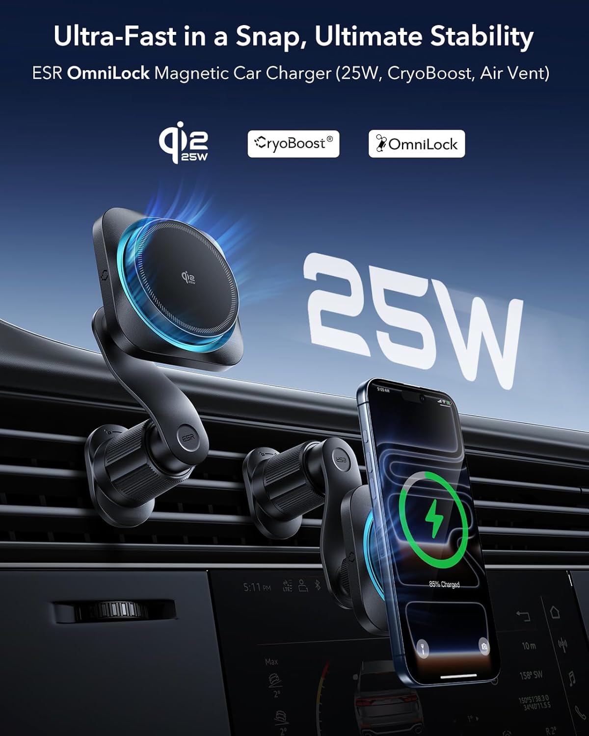 ESR OmniLock Qi2.2 Certified 25W MagSafe Car Mount Charger with CryoBoost, Phone Cooling MagSafe Car Charger, 360° Rotatable, Air Vent Magnetic Car Phone Holder for iPhone 17/16 with iOS 26, Black