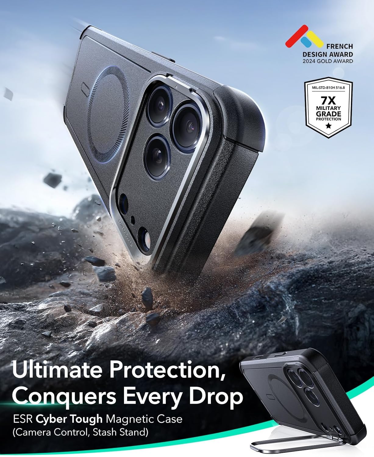 ESR for iPhone 17 Pro Max Case with Stash Stand, 7X Military-Grade Drop Protection with Camera Control, Shock-Absorbing Phone Rugged Cover, Compatible with MagSafe Accessories, Cyber Series, Black