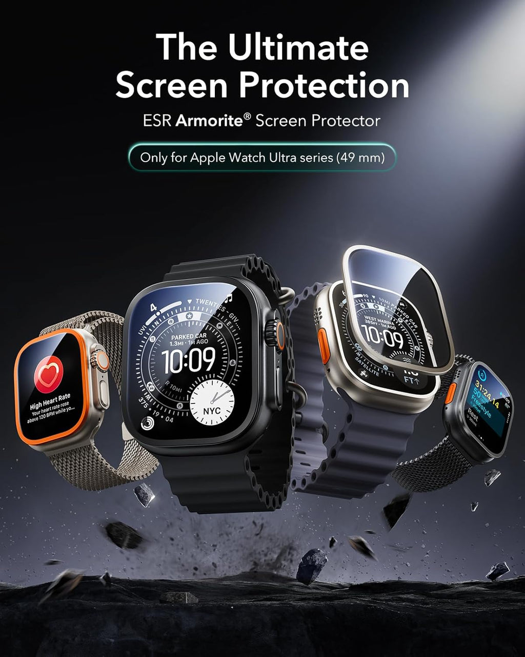 ESR Armorite Screen Protector for Apple Watch Ultra 3 2025 /Ultra 2 /Ultra (49 mm), Military Grade Protection, Tempered Glass Film with Aluminum Alloy Frame, Anti-Scratch, 2 Pack, Black