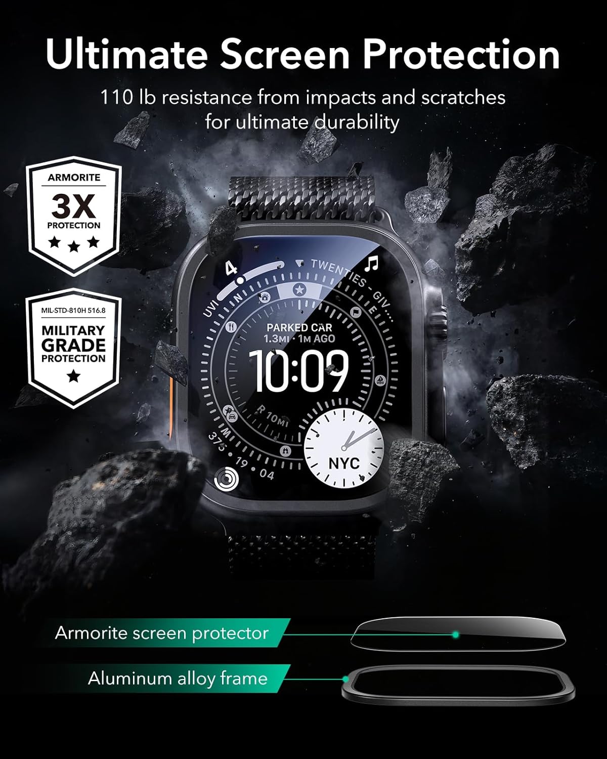 ESR Armorite Screen Protector for Apple Watch Ultra 3 2025 /Ultra 2 /Ultra (49 mm), Military Grade Protection, Tempered Glass Film with Aluminum Alloy Frame, Anti-Scratch, 2 Pack, Black