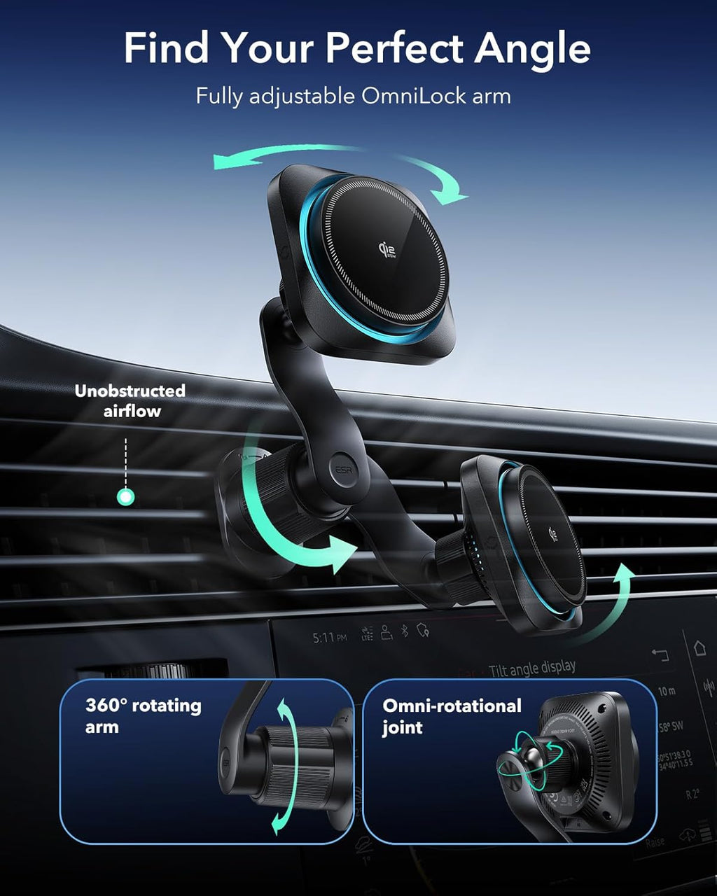ESR OmniLock Qi2.2 Certified 25W MagSafe Car Mount Charger with CryoBoost, Phone Cooling MagSafe Car Charger, 360° Rotatable, Air Vent Magnetic Car Phone Holder for iPhone 17/16 with iOS 26, Black