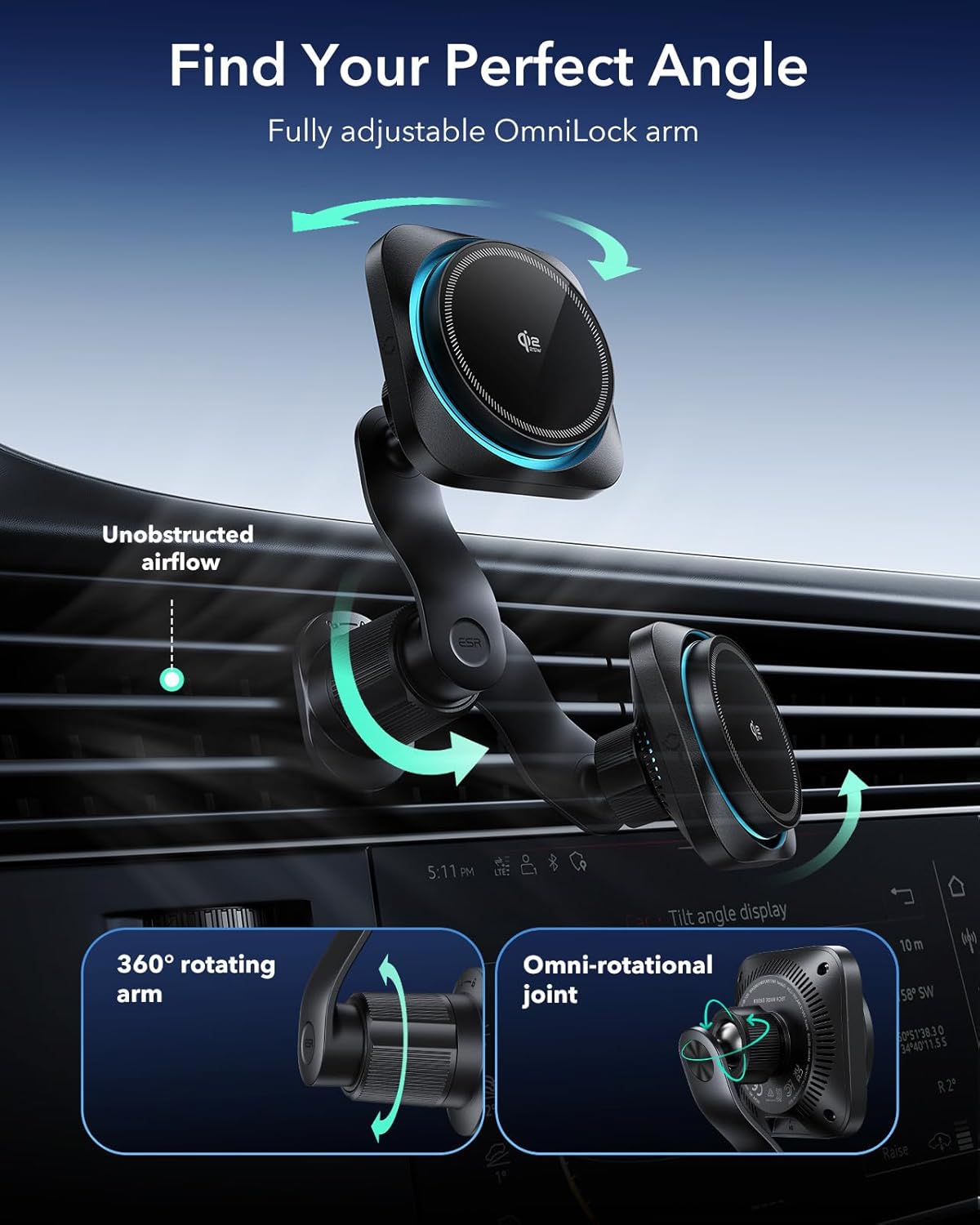ESR OmniLock Qi2.2 Certified 25W MagSafe Car Mount Charger with CryoBoost, Phone Cooling MagSafe Car Charger, 360° Rotatable, Air Vent Magnetic Car Phone Holder for iPhone 17/16 with iOS 26, Black
