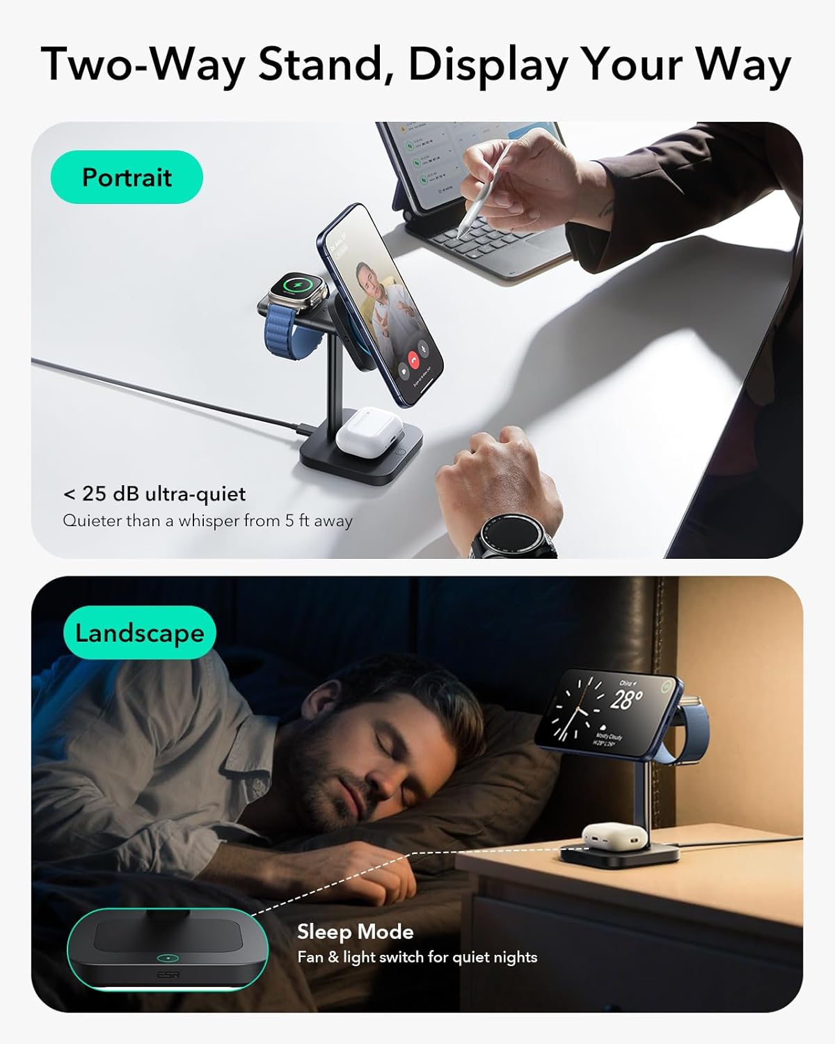 ESR for 3 in 1 Charging Station, Qi2.2 Certified 25W MagSafe Charger Stand with CryoBoost, Phone-Cooling Fast Charging Station, for iPhone 17/16 with iOS 26, AirPods, Apple Watch, Black