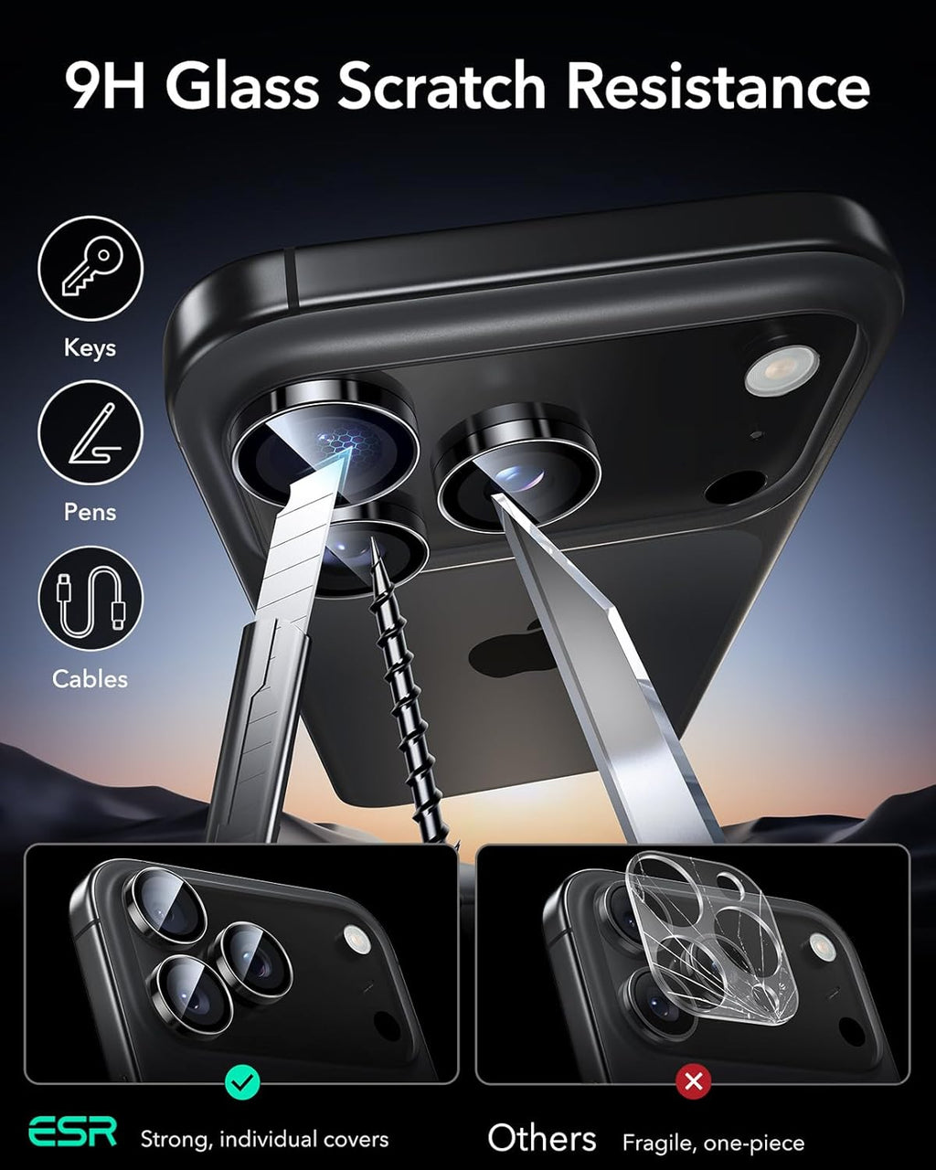 ESR Camera Lens Protector for iPhone 17 Pro Max/17 Pro/16 Pro Max/16 Pro/15 Pro Max/15 Pro/14 Pro Max/14 Pro, Ultra-tough HD Individual Lens Protectors, Ultra-thin Tempered Glass, 1 Pack, Black